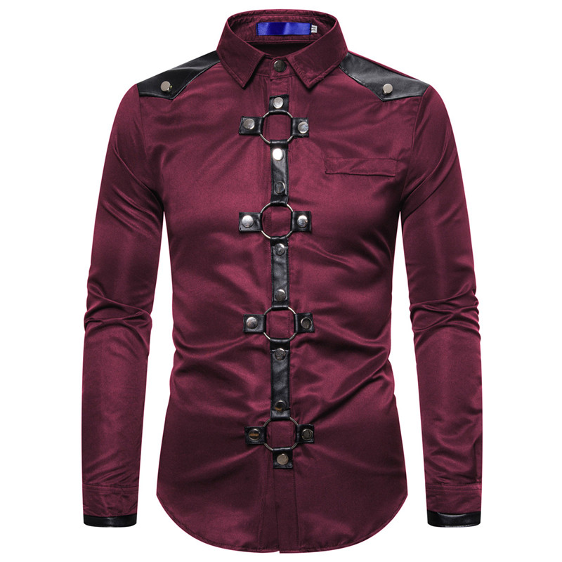 Camisa de estilo gótico con remaches para hombre, camisa de carga de Color sólido, ajustada, para , cantante, ropa de calle de escenario, nueva: Wine / S