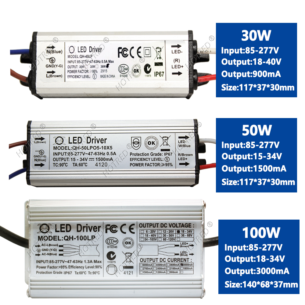 Adaptador de transformador a Fuente de alimentación, Controlador LED de 10W, 20W, 30W, 50W, 100W, a DC3V AC85V-277V, 12V, 18V, 24V, 30V, IP65, 300/600/900/1500/3000mA