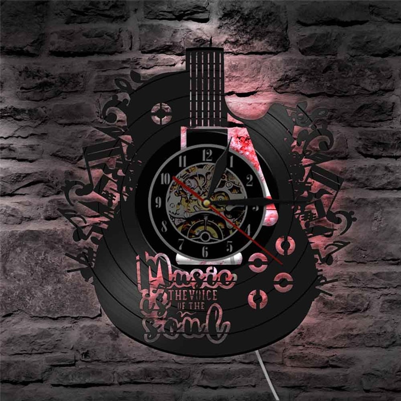 Led med lysende lampe vægur guitar form vinylplade hængende ure cd interiør dekoration soveværelse bar dæmpet atmosfære