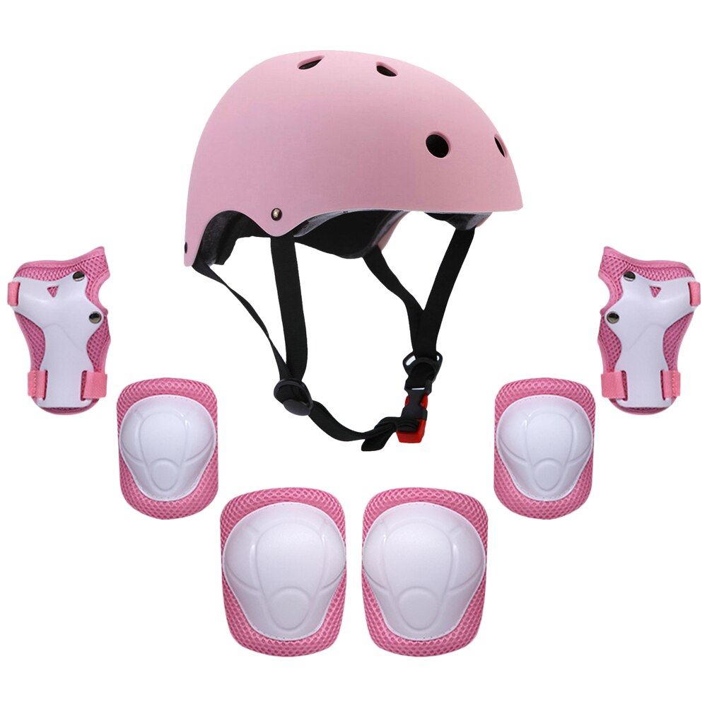 Børns multisport beskyttelsesudstyr sæt 7 in 1 beskyttelsesudstyr hjelmpads sæt til scooter skateboard rulleskøjter cykling: Lyserød