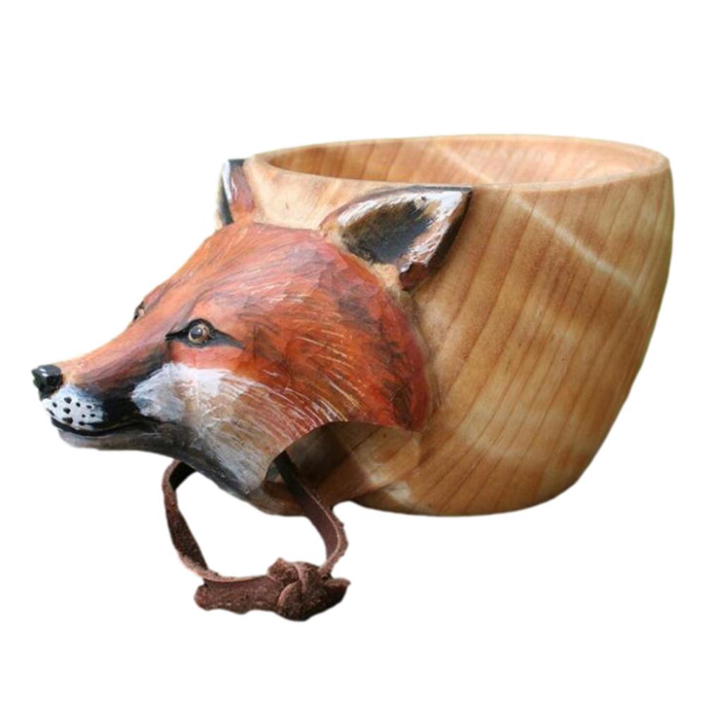 Holz Becher Hand Geschnitzte Ebene Kopf Tasse Fuchs Wolf Wildschwein Ebene Kopf Griff Wasser Tasse Tragbare Camping Kaffee Tassen mit Schlüsselband: Schwarz