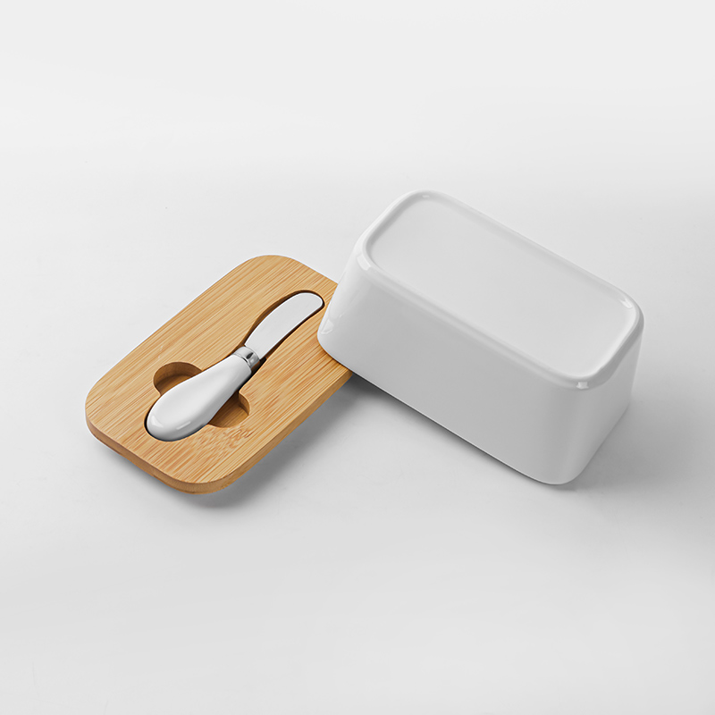 Ceramic Wooden Butter Box Cheese Tray Rectangular White Dish with Lid Oil Container for Butter Keeps Butter Storage Case Jar