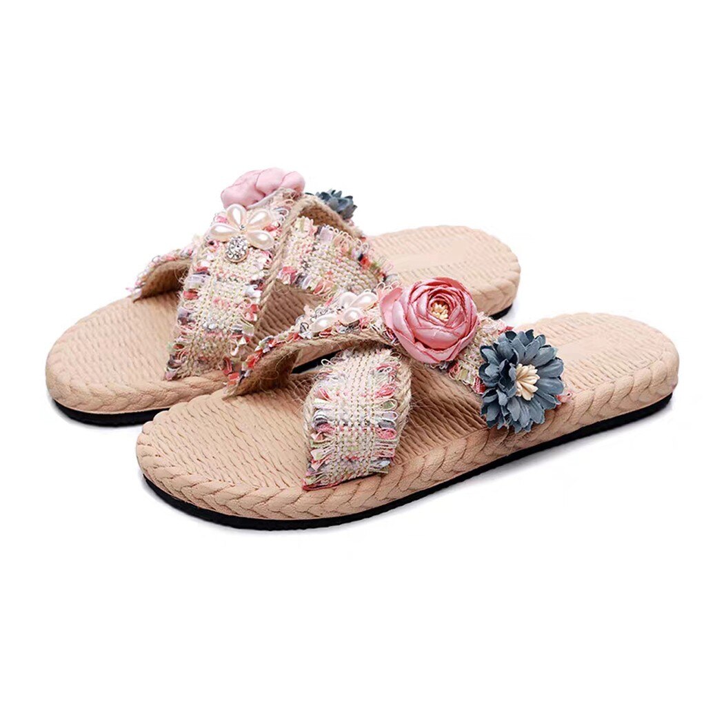 Vrouwen Bloem Strand Schoenen Zomer Antislip Meisjes Mode Strand Schoenen Vlas Vrouwelijke Bloemen Slippers Bohemian Strand Schoenen # 0706LJC