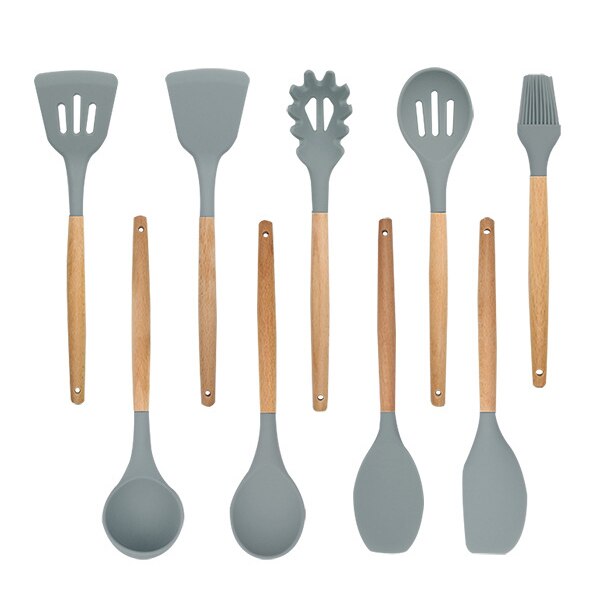 Beukenhout Gebruiksvoorwerp Serveren Spaghetti Sleuven Spatel Siliconen Koken Lepel Set Met Houten Lange Handvat Houder Voor Keuken: 9 pcs