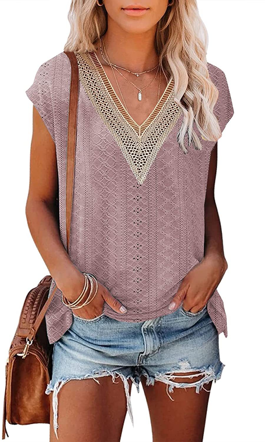 Yjkdyk dame sommertop kontrast t-shirt udhulet v-hals patchwork blonde t-shirt afslappet løs blød top kvinder: L / Lotus rodfarve
