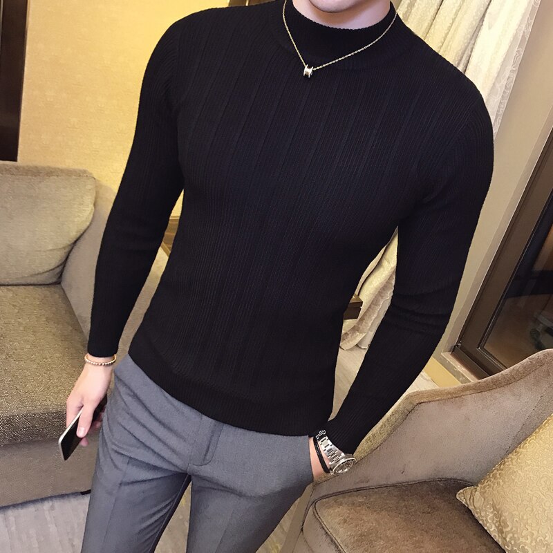 Herfst winter hoge kraag gestreepte trui boetiek effen kleur heren casual gebreide trui strakke herentrui