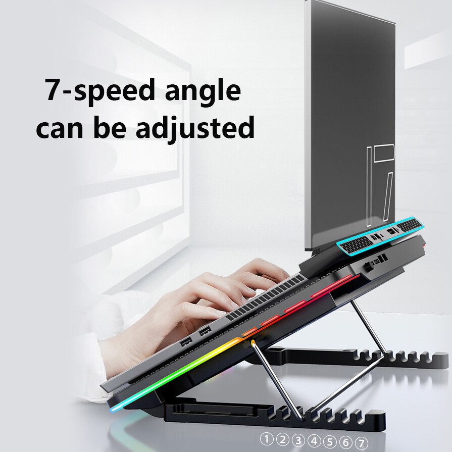 Coolcold RGB Gaming Laptop Cooler 12-17 Inch,Six Fan Cooling Bracket With Led Screen,Notebook Cool Stand Two USB Ports