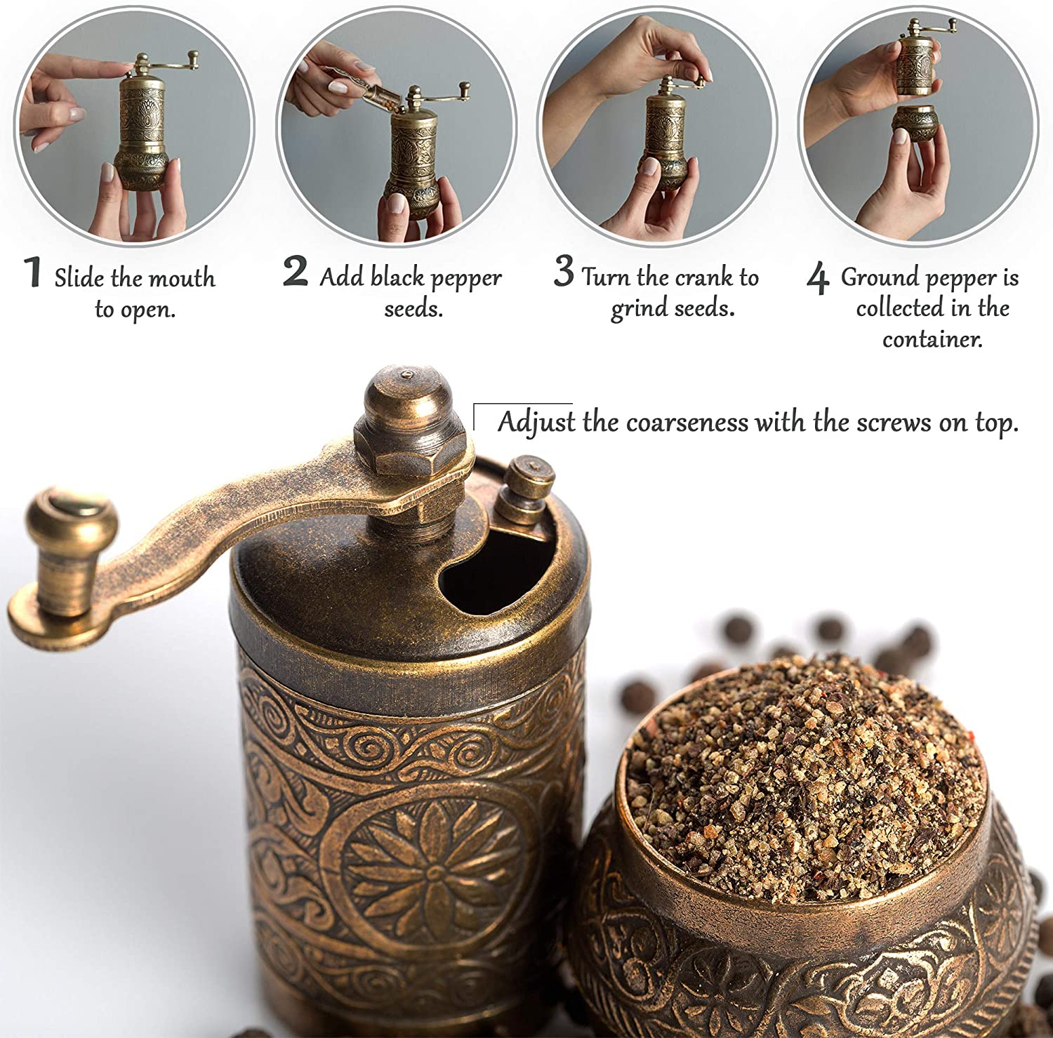 Black Pepper Grinder Refillable English Spice Mill with Adjustable Coarseness Manual Handle with Pepper Mill Spice Grinder