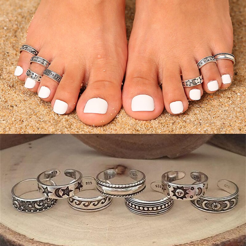 7Stck Jahrgang Hohlen Geschnitzt Sterne Mond Kappe Ringe Bausätze Böhmischen Einstellbare Öffnen Finger Ring für Frauen Boho Strand Fuß Ring Schmuck