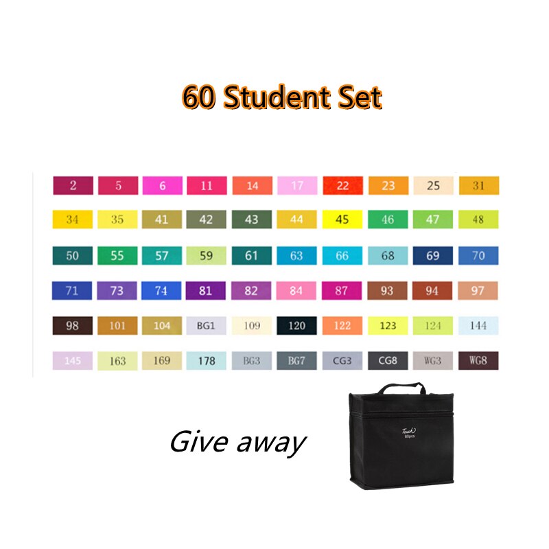TOUCHNEW Markers Pen 168 colors Sketch Markers Alcohol Based Dual Head Brush Markers Pen For Drawing Manga Art Supplies Markers: 60 Student White