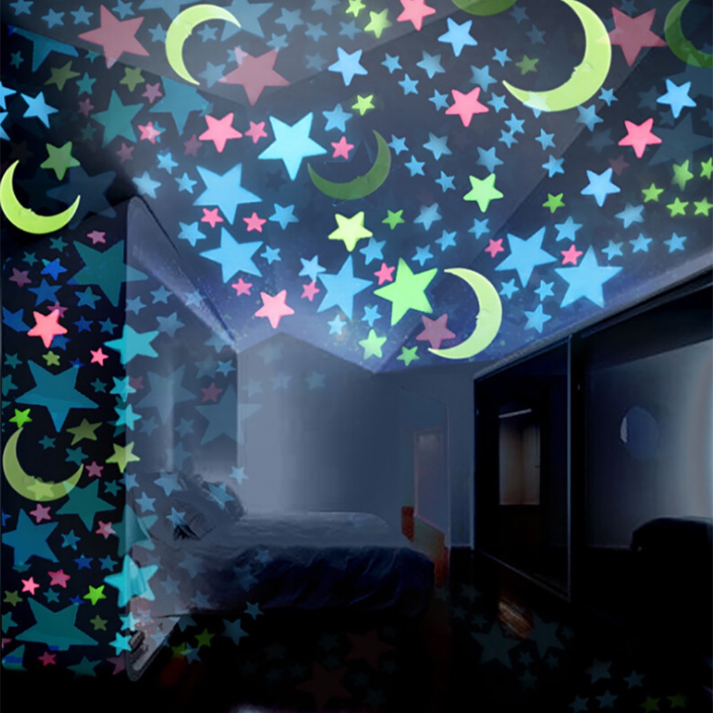 100pc børns soveværelse fluorescerende glød i mørket stjerner måner væg klistermærker lysende lysende glød klistermærke farve
