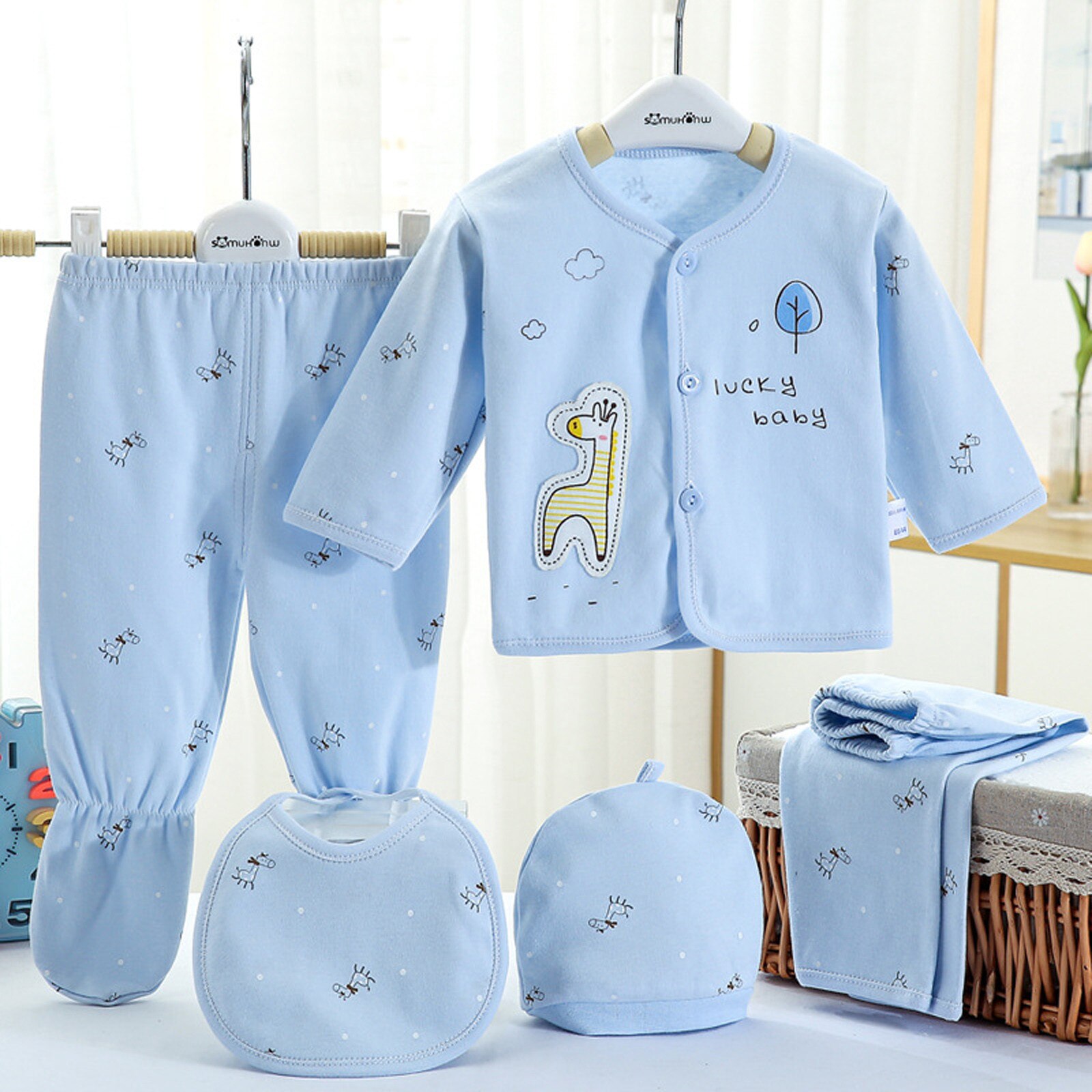 5Pcs Pasgeboren Nachtkleding Kleding Set Baby Jongens Meisjes Cartoon Lange Mouwen Tops + Hoed + Broek + Bib Outfits pasgeboren Nachtkleding Set Roupas