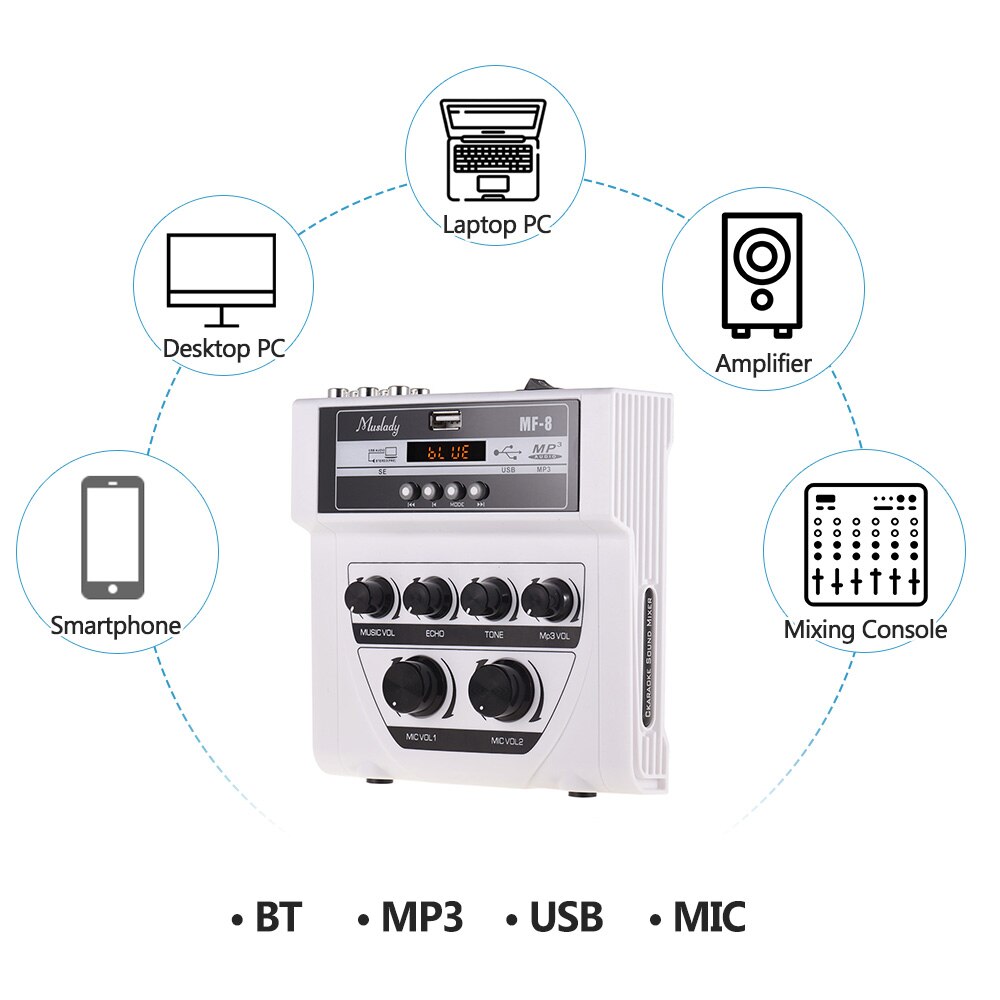 Muslady MF-8 Mini Karaoke Sound Mixer Stereo Echo Mixers Dual Microphone Inputs Support BT Recording MP3 for PC Amplifier