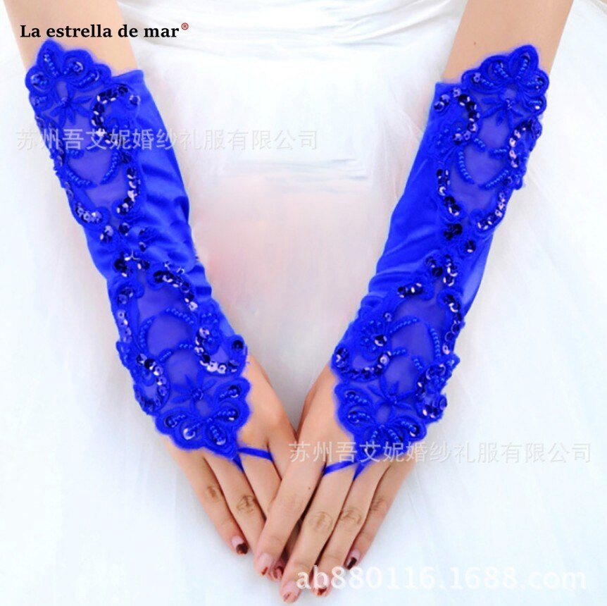 Gants de mariage pour mariée perle multicolore satin sans doigts mariée gants de mariage coude spot applique mariage perlé: Royal blue