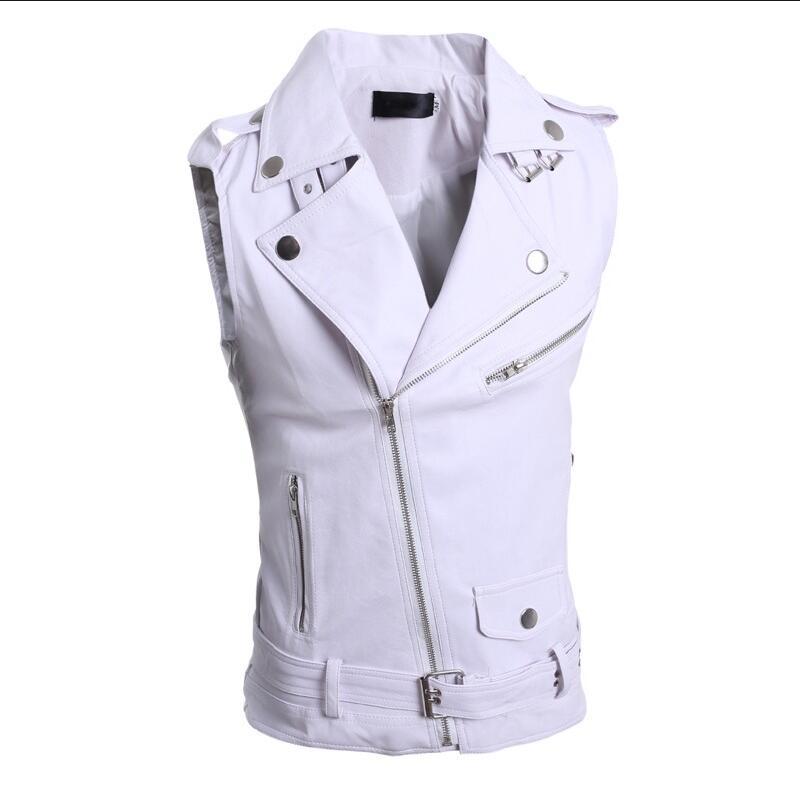 Summer Mens Casual Vest PU Leather Lapel Collar Male Zipper Vest Slim Fit Sleeveless Chalecos Para Hombre: White / L