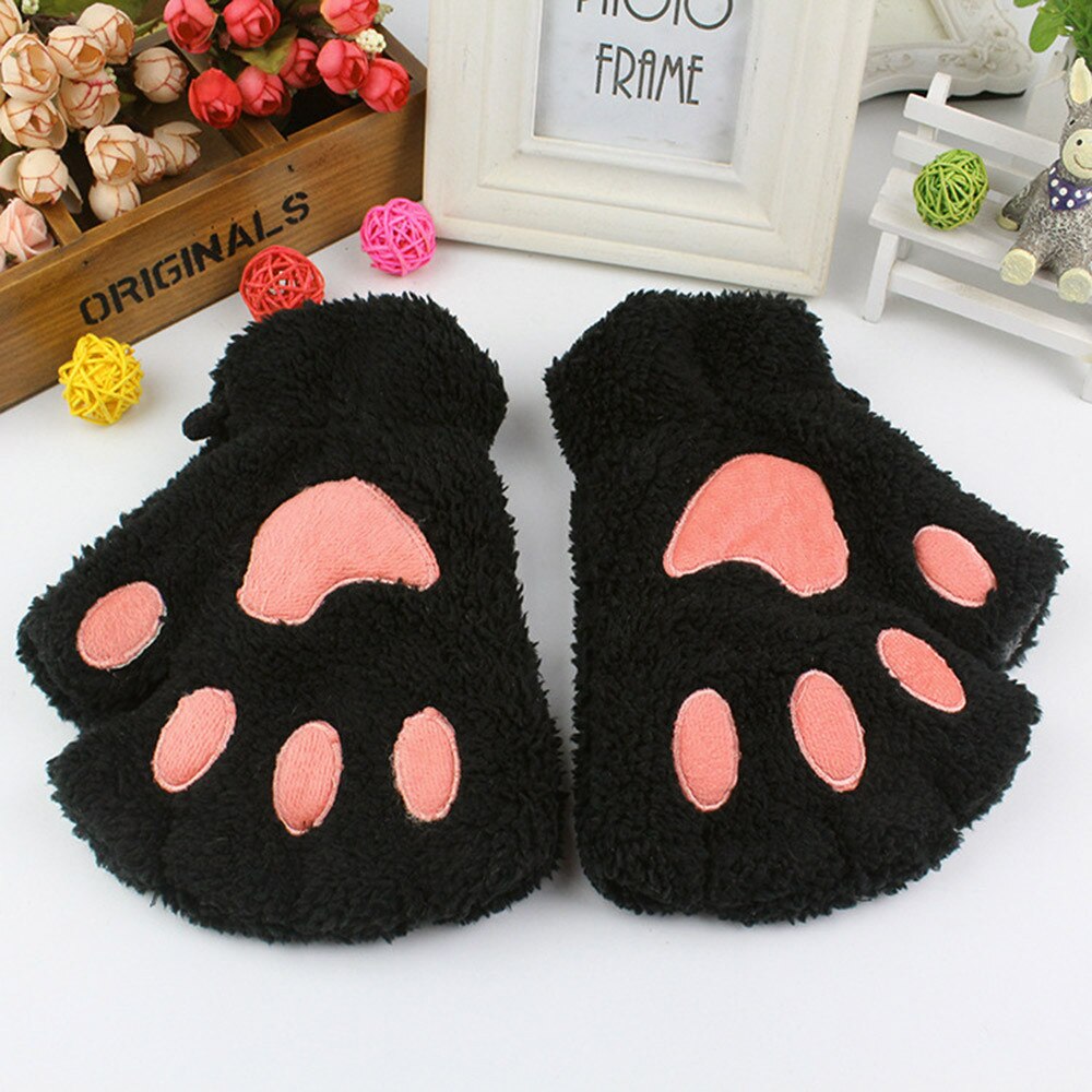 Winter Handschoenen Kids Leuke Cartoon Meisje Kat Claw Paw Vingerloze Winter Warmer Half Vinger Handschoenen Mitten YE11.5: BK