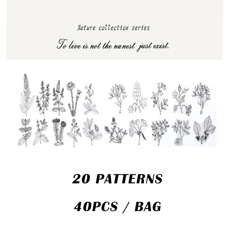 Lote de 12 unidades de pequeñas plantas frescas de la serie Coloffice Flower, pegatinas decorativas con forma especial para artículos de papelería, 1 unidad: Black and white