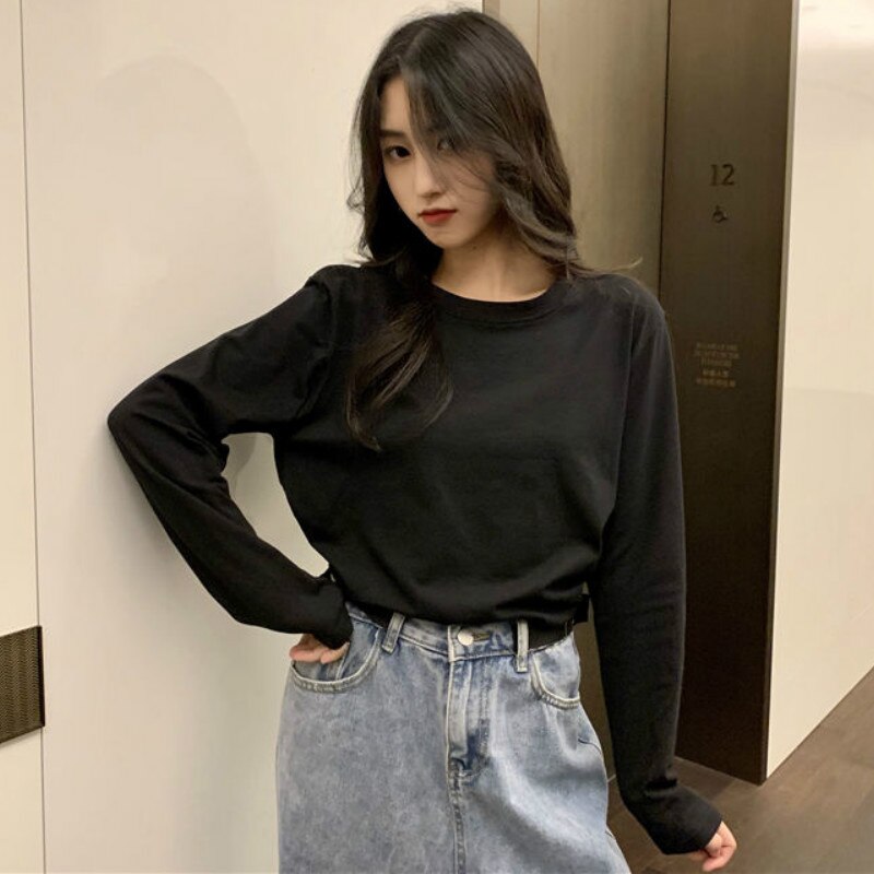 Lange Mouwen T-shirts Vrouwen Solid Simple Basic Casual Mode Ulzzang Studenten O-hals 2XL Zachte Streetwear