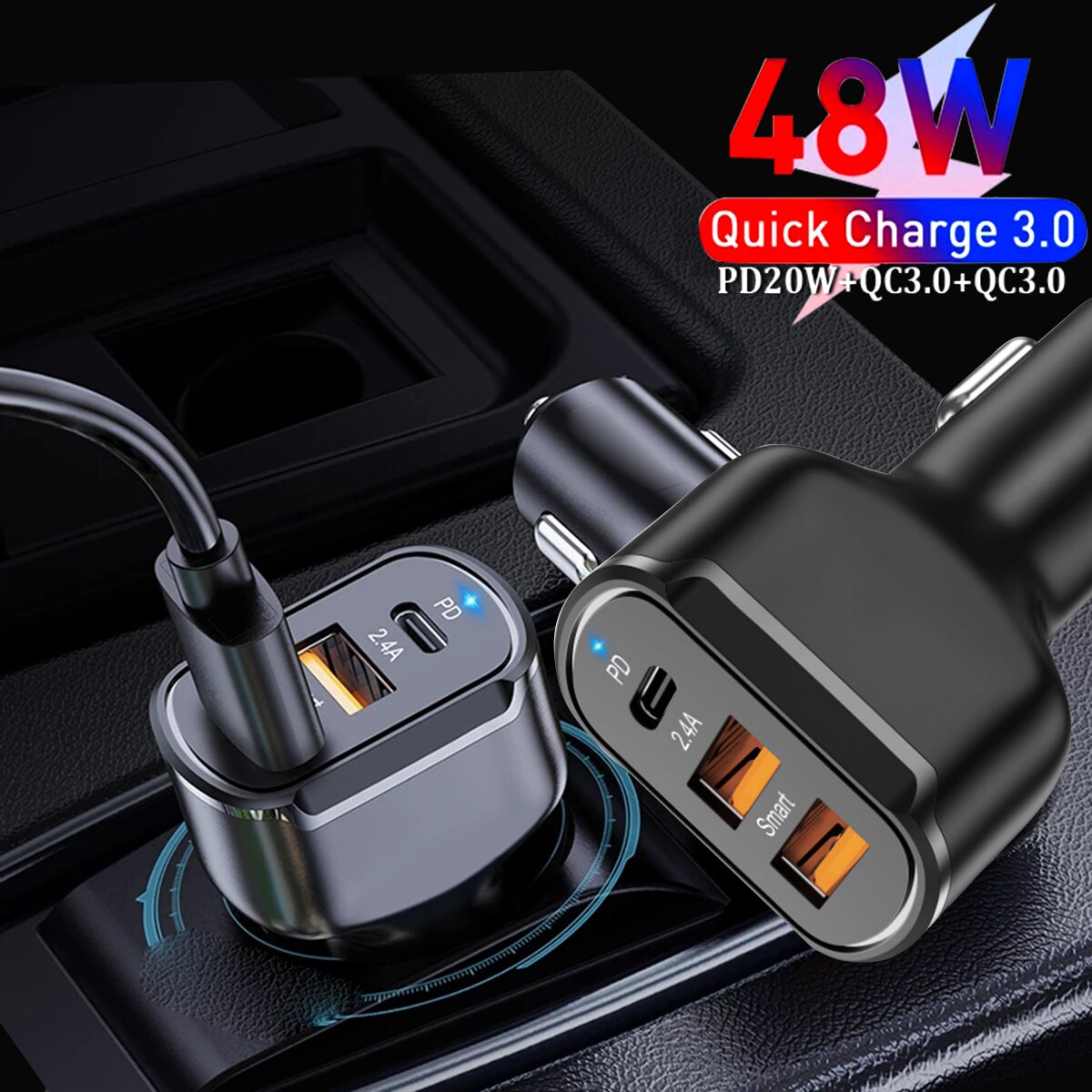 Drie Poorten 2 Usb Autolader Universele Intelligente Opladen Mini Type C Auto-oplader Voor IPhone13 12 11 Voor samsung Android Phon