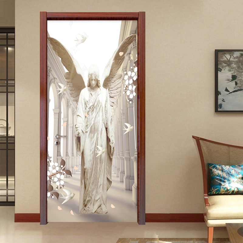 Zelfklevende Deur Sticker 3D Stereo Steen Carving Angel Vleugels Duif Behang Woonkamer Studie Creatieve DIY Deur Muur stickers