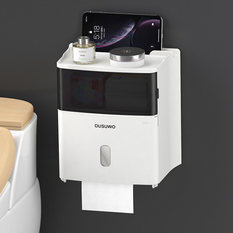 Toilet Waterproof Wall-mounted Toilet Paper Holder Shelf Paper Box Roll Paper Tube Storage Box Tissue Box Household: White