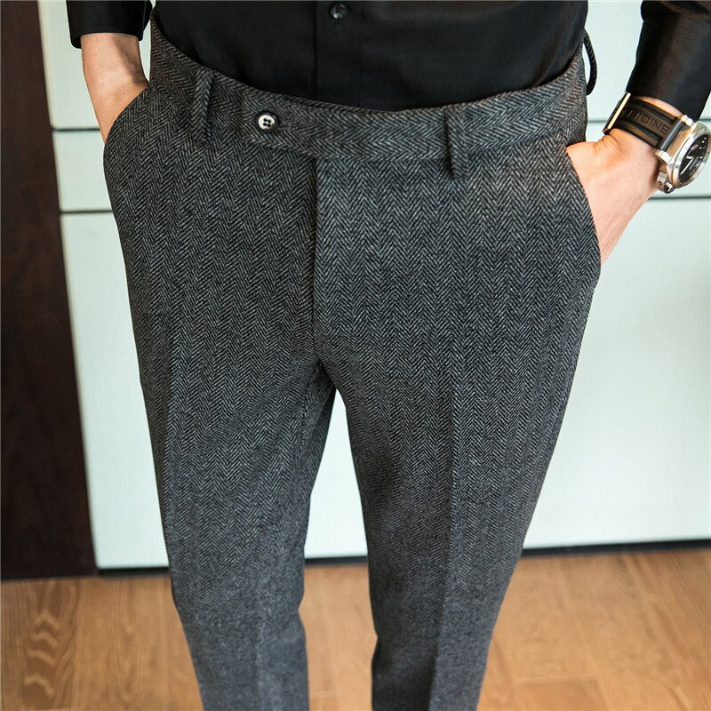 Vinter herre ullbukser grå casual slipte bukser størrelse 28-36 slim dressbukse for menn