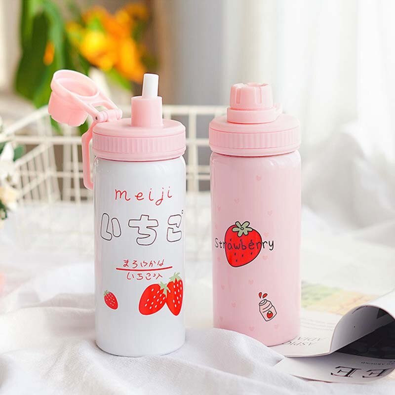 400ML Cute Pink Strawberry Water Bottle Travel Kawaii 304 Stainless Steel Thermos Bottle With Straw Birthday Girl Women