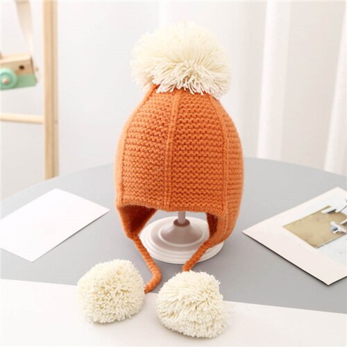 Winter gebreide warme babymuts schattige dubbele pompon baby jongen meisje muts oorbescherming mutsen kindermuts 3 to 24 maanden: Oranje