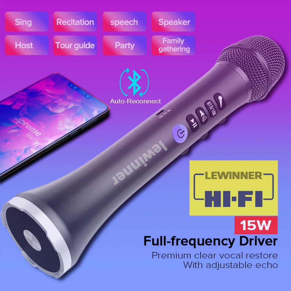 Lewinner L-698 Wireless Karaoke Microphone Bluetooth Speaker 2-in-1 Handheld Sing &amp; Recording Portable KTV Player for iOS/Androi