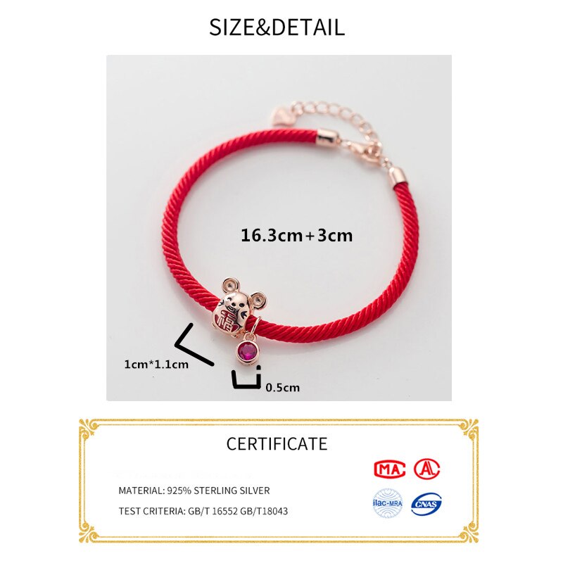 La Monada 925 Sterling Zilveren Lucky Zodiac Muis Rat Rood Touw Armbanden Rode Draad Op Hand Line String Armbanden Voor vrouwen Goud