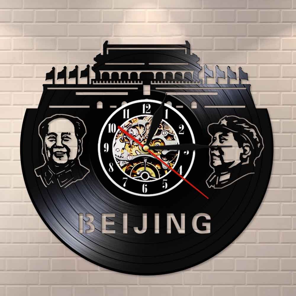 Beijing Skyline Wall Art Vinyl Record Wandklok Voorzitter Mao Portret Vintage Wandklok China Beijing Stad Reizen