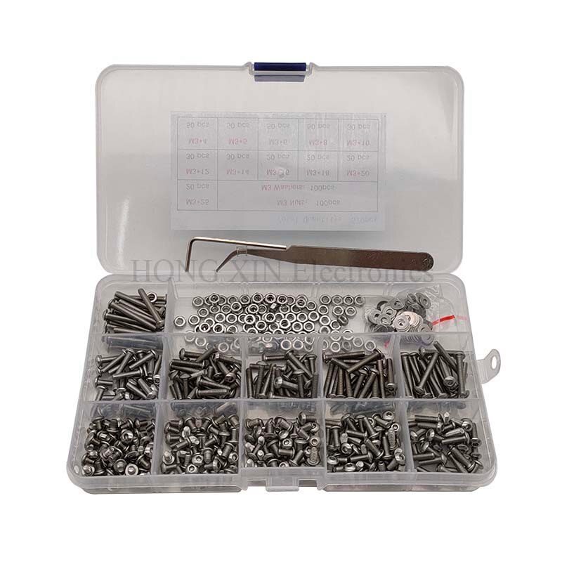 570pcs/Set M3 Hex Button Socket Head Cap Screw Nut Hexagon Metric Thread Machine Bolt Assortment Kit Set 304 Stainless Steel