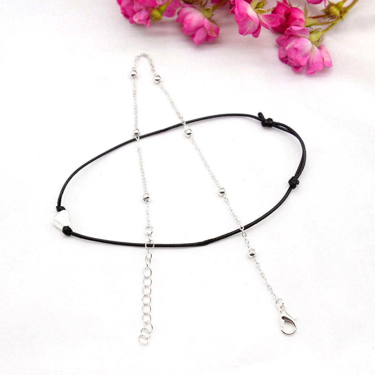 Double Ankle Chain Heart Pendant Black Leather Rope Anklet Foot Jewelry Bracelet on The Leg Anklets: Silver Plated