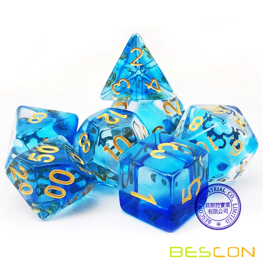 Bescon Crystal Blue 7-pc Poly Dice Set, Bescon Polyhedral RPG Dice Set Crystal Blue, Blush, Grass, Purple, Black, Pink Cloud