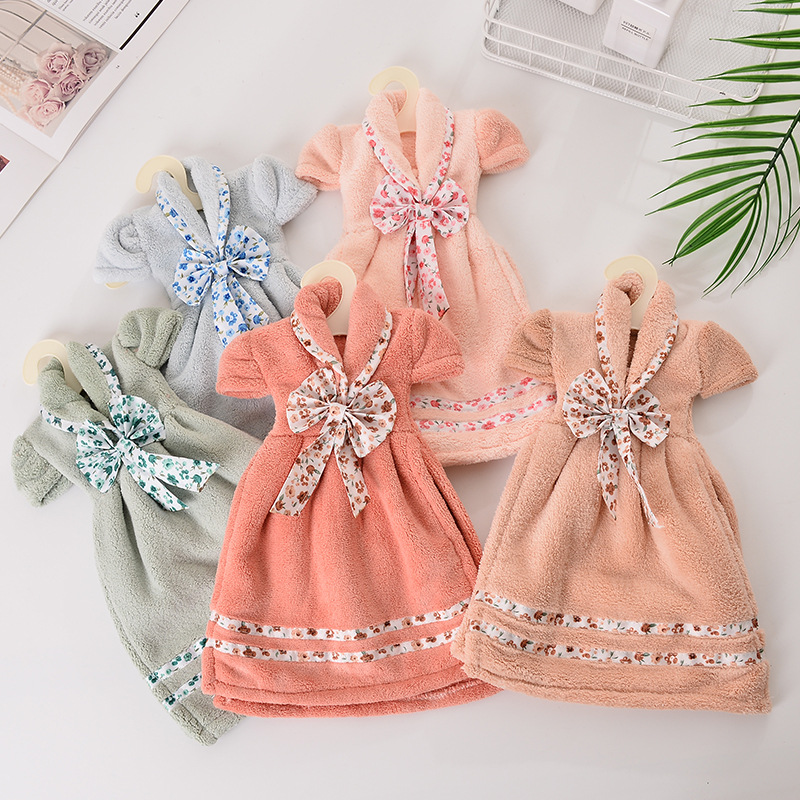 Bathroom Cute Hanging Towel Coraline Bow-knot Skirt Soft Thick Printed Flower Girls Dress Hand Towel for Children to Wipe Hands