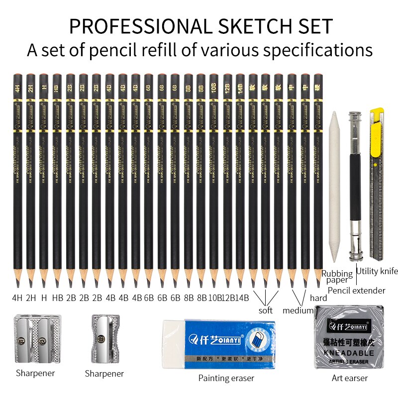 31Pcs Sketch Pencil Set Sketching Charcoal Drawing Kit Wood Pencils Set For Painter School Students Art Supplies