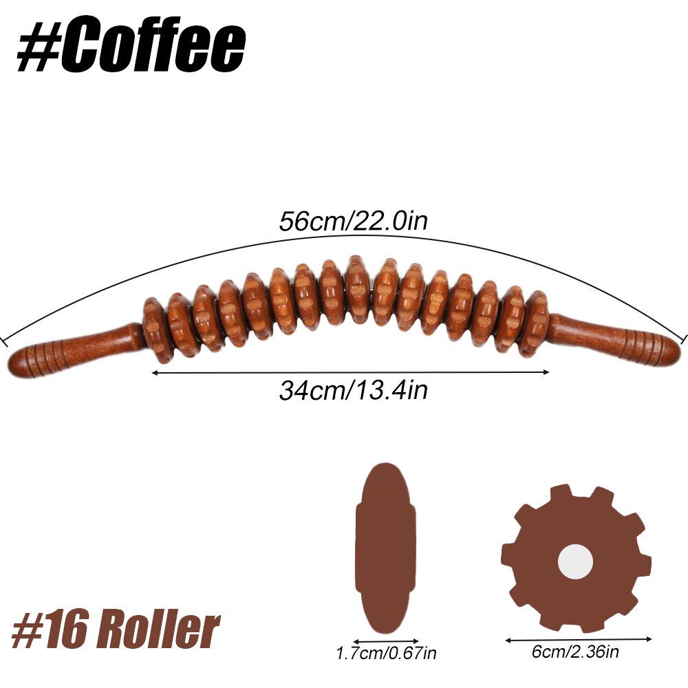Rodillo de terapia de madera, herramienta de masaje, masajeador de Maderoterapia Colombiana de curvo, drenaje linfático, palo de punto gatillo: Coffee-16 Roller