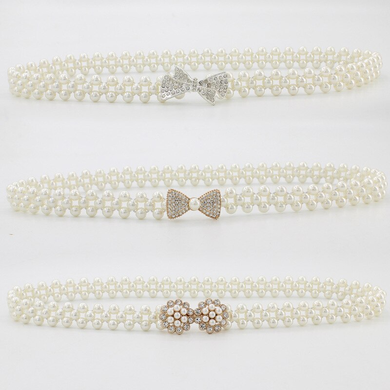 Volledige Parel Taille Ketting Mode Dames Kralen Elastische Riem Voor Vrouwen Jurk Strass Elastische Gordel Boog Bloemen Gesp Tailleband