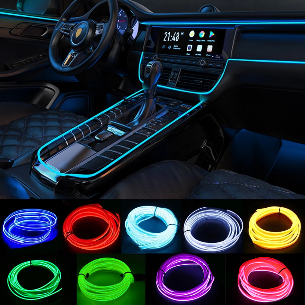 Luces Led decorativas para Interior de coche, tira de neón con cableado EL, luz ambiental Flexible automática, USB, accesorio de lámpara de ambiente para