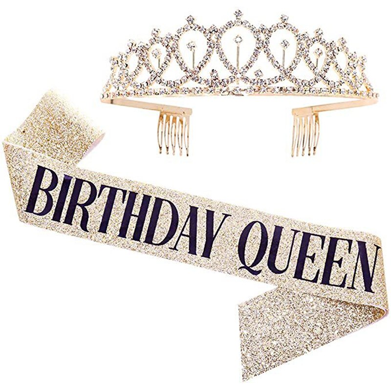 Bling Rhinestone Crystal Crown Tiara Birthday Anniversary Decoration Happy 18 21 30 40 50th Birthday Satin Sash Party Supplies