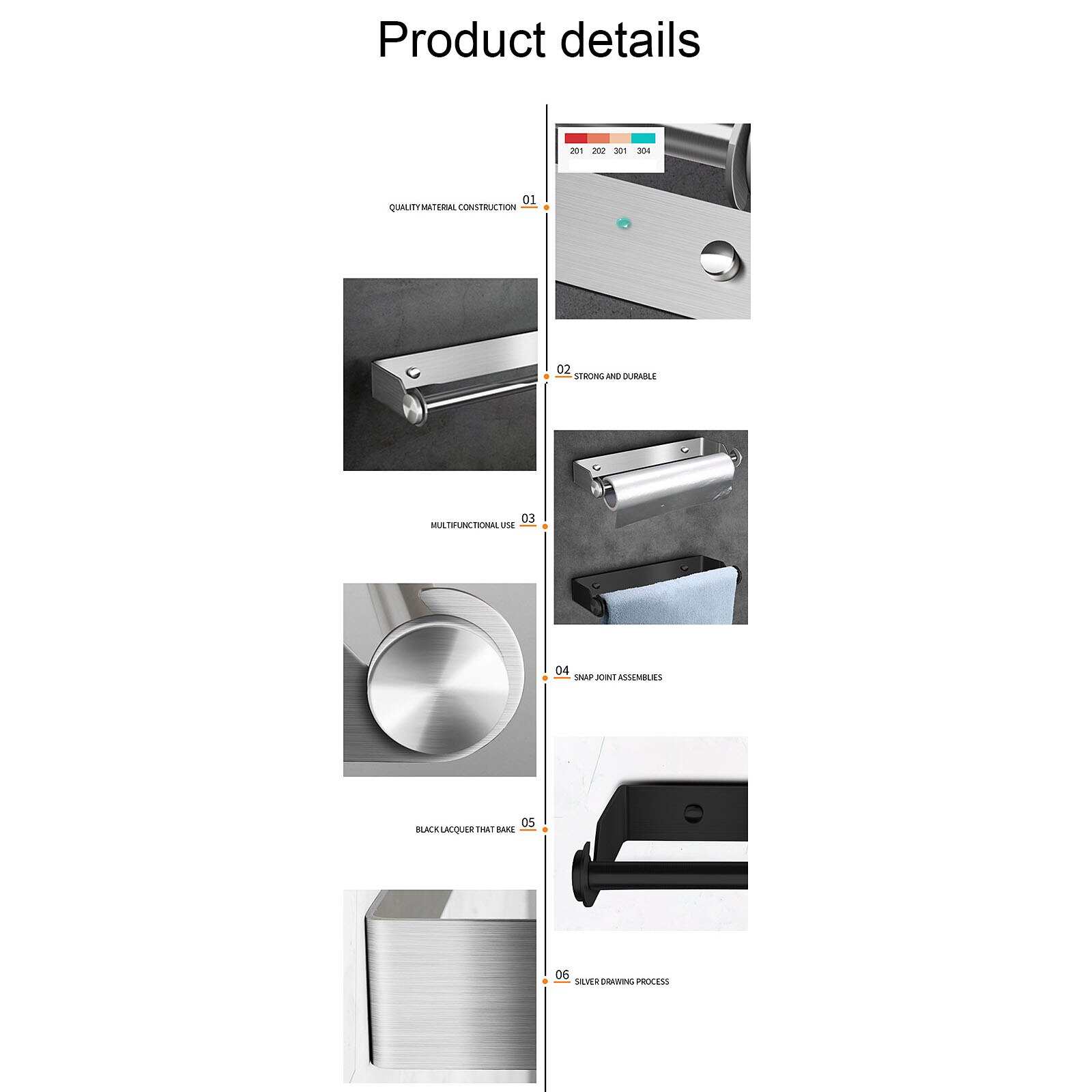 304 Kitchen Roll Paper Rack Wall Hanging Bathroom Roll Paper Holder Multi-function 304 Stainless Steel Bathroom Paper Towel Rack