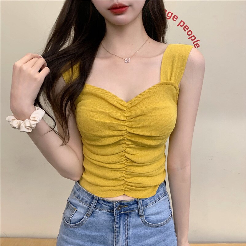 Magliette E Camicette per le Ragazze Vestiti di Estate Top Sottile Pieghettato Canotta Senza Maniche Camicia di Lavoro A Maglia di Cotone di Un Solido di formato: YELLOW