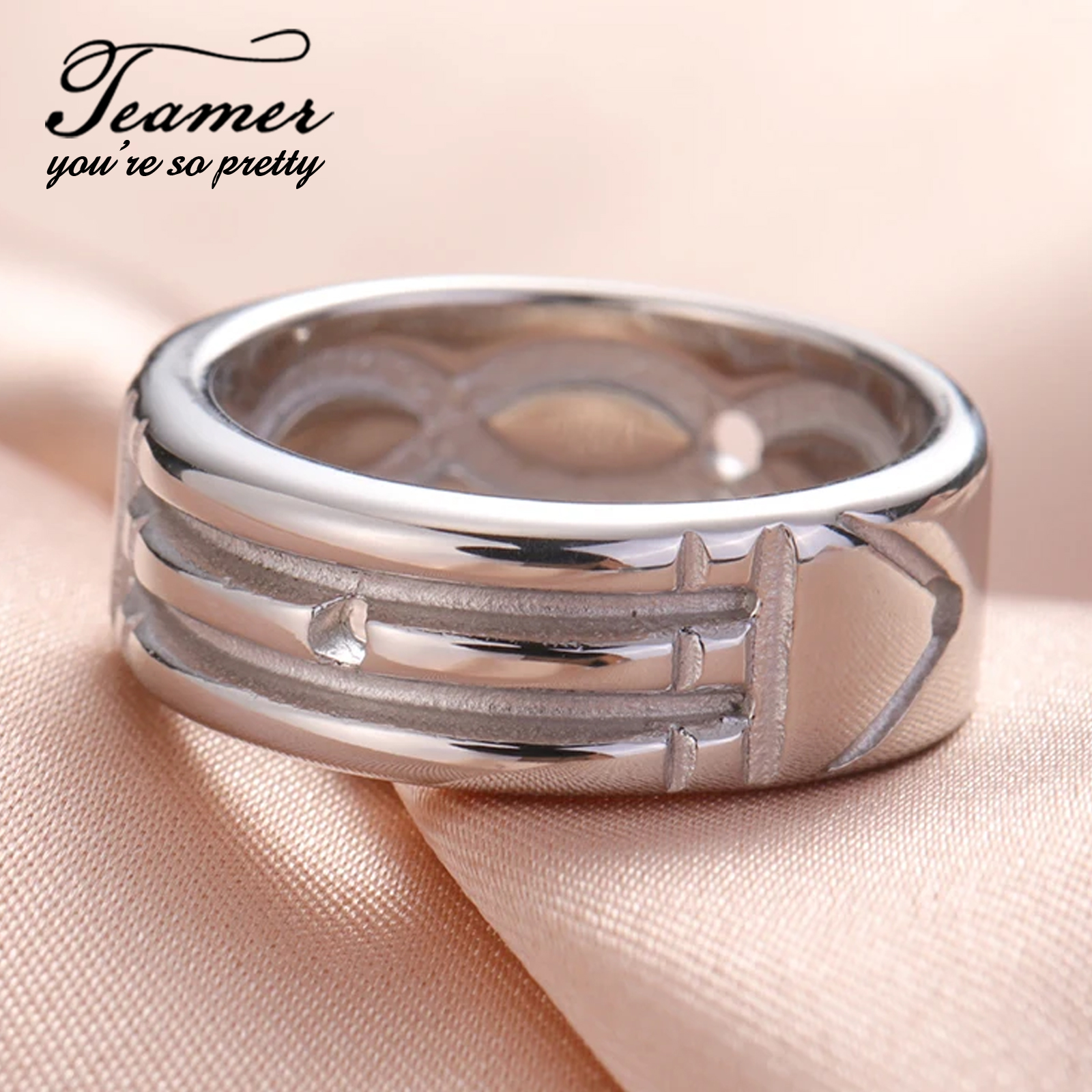 Teamer-Anillo ancho geométrico de acero inoxidable para mujer y hombre, pareja, minimalista, Color plateado, joyería de compromiso