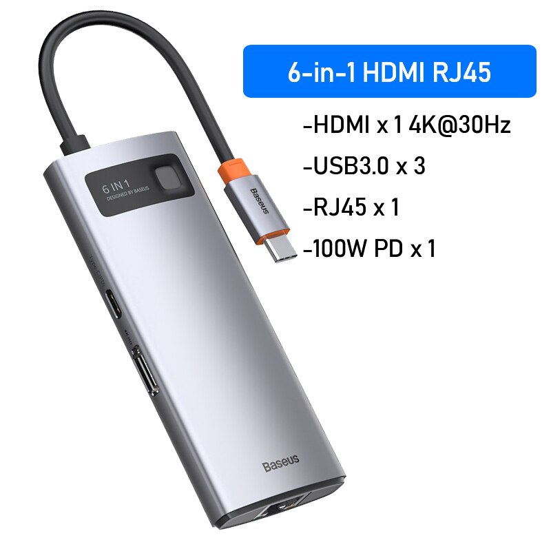 Baseus Docking Station HUB Typ C zu HDMI-kompatibel USB 3,0 Adapter 8 in 1 Dock für MacBook Pro luft USB C Splitter: 6-in-1 HDMI RJ45