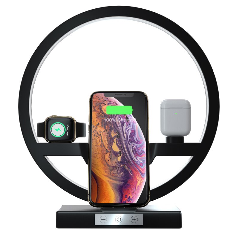 4 In 1 Qi Snelle Draadloze Oplader Dock Station Voor Airpods Iphone 11 Pro Max Apple Horloge 2 3 4 opladen Houder Touch Dimmen Lamp