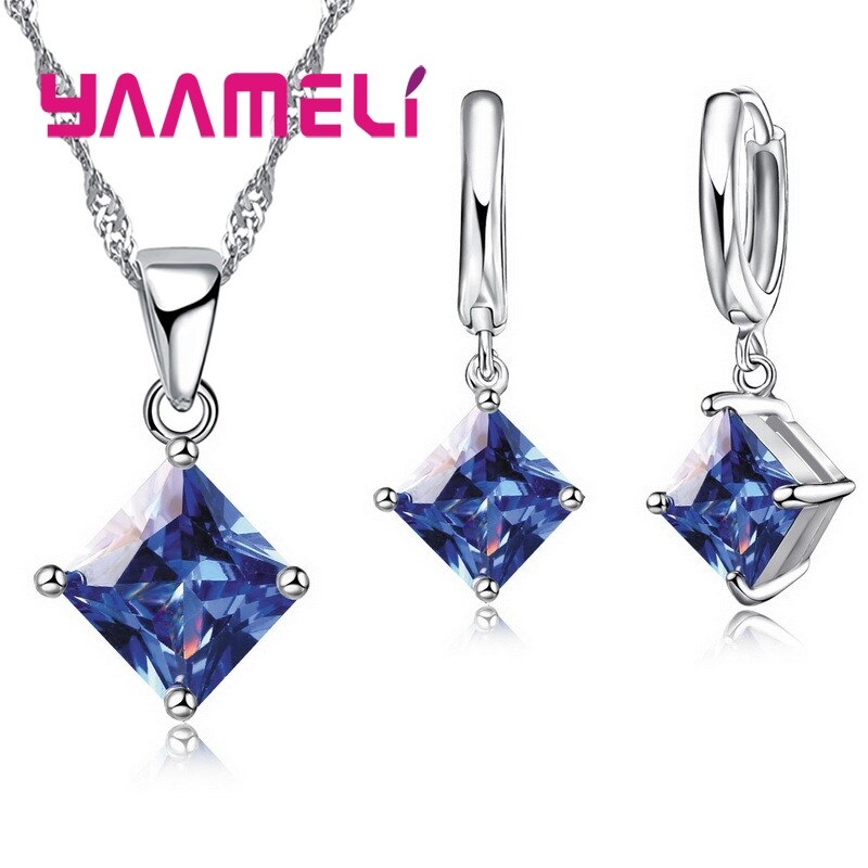 Mode Vrouwen Hangers Ketting Eenvoudige Geometrie Vierkante Oorbellen Kristal 925 Sterling Zilveren Sieraden Sets Voor Bruiloft