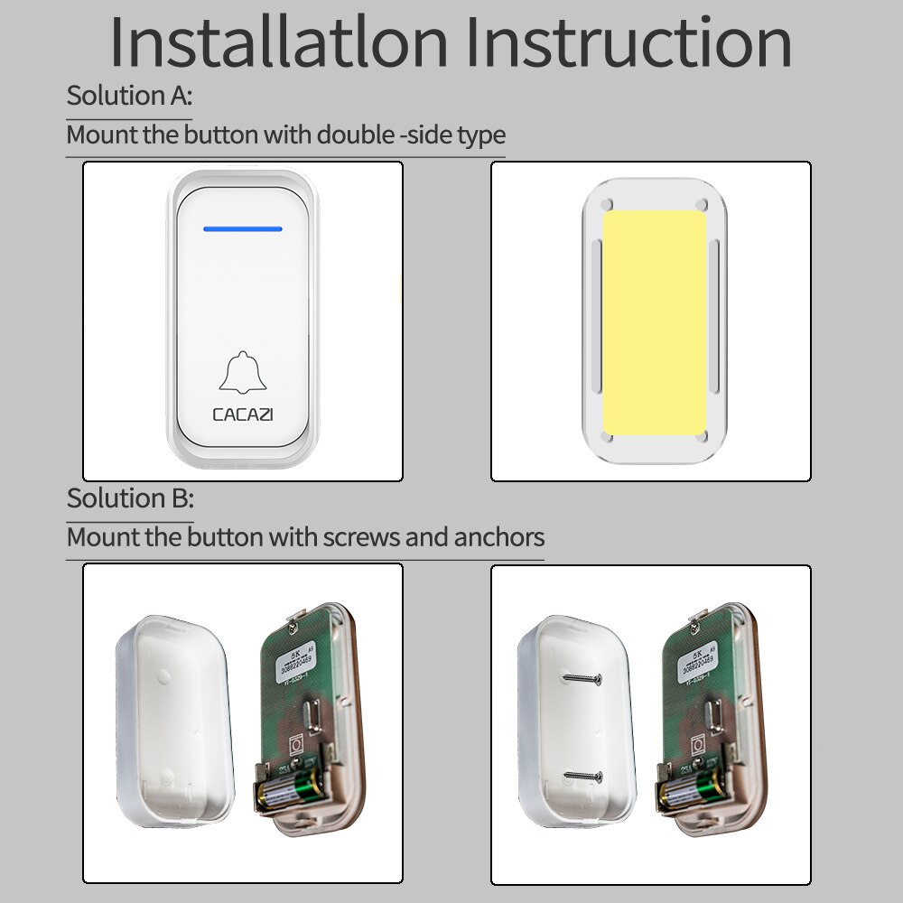 CACAZI Home Welkom Draadloze Deurbel Waterdicht 2 Knop 1 Ontvanger US EU UK AU Plug 300M Remote Call Deur bell Draadloze Chime