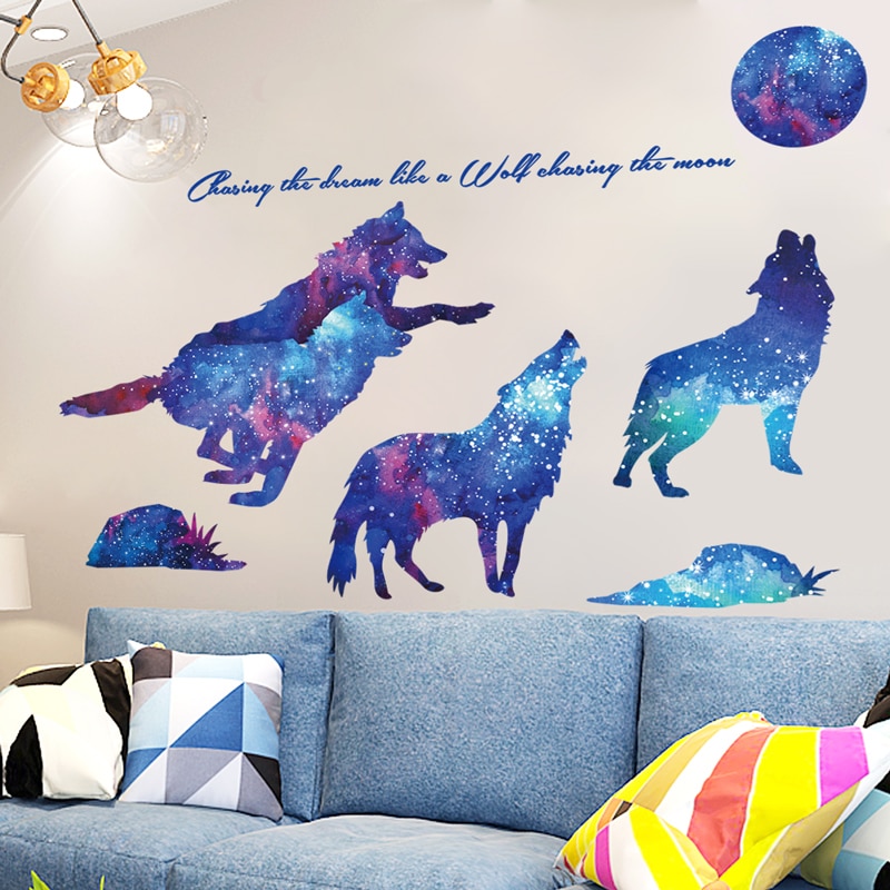 Outer Space Planets Wall Stickers DIY Wolf Animals Wall Decals for Kids Rooms Baby Bedroom Children Nursery Home Decoration