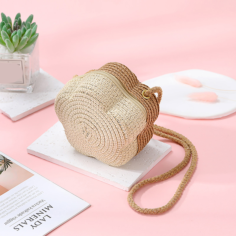 Handgemaakte kinderen meisjes schoudertas bloem stro babytassen messenger bag kinderen sleutels portemonnee schattige prinses mini handtas: Ivoor