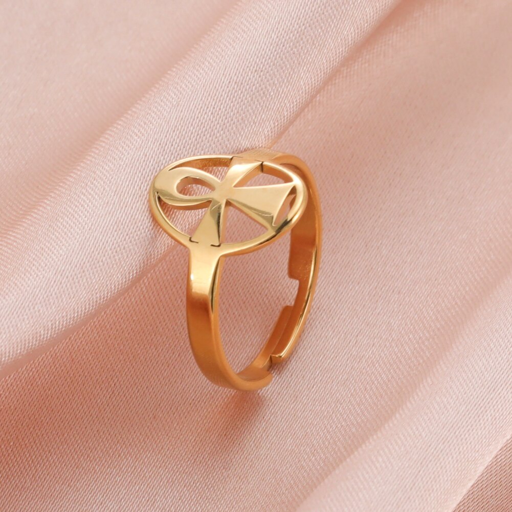 LIKGREAT Egitto Ankh Croce Anelli per le donne Anello da dito regolabile con cuore in acciaio inossidabile Gioielli religiosi egiziani Regalo di nozze